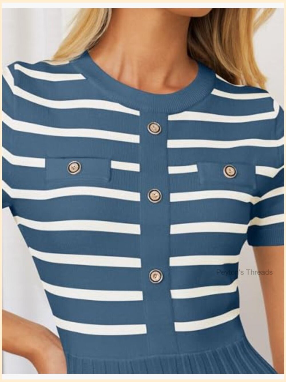Striped Crewneck Short Sleeve Midi A-Line Pleated Swing Dress - Picture 5 of 7